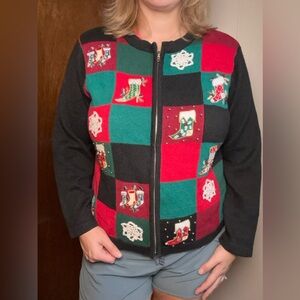 Vtg Women’s Xl Colorblock Checkered Black Zip Up Christmas Embroidered Cardigan